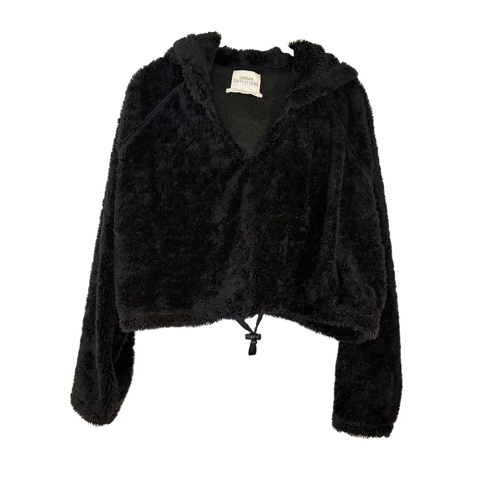 Urban Outfitters Fleece Hoodie Size S Oversized Cropped Sherpa Teddy Black Fall